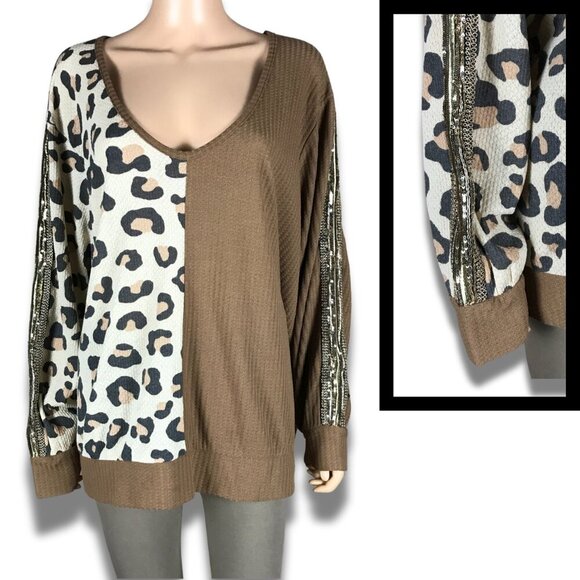 VENUS Sequin Sleeve Animal Print Waffle Knit Top 2X - Picture 2 of 7